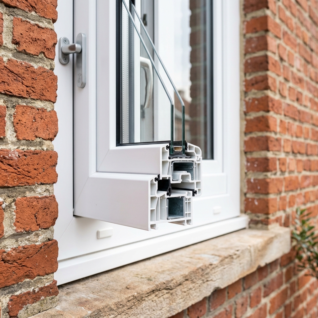 Châssis PVC blanc sur maison en brique belge