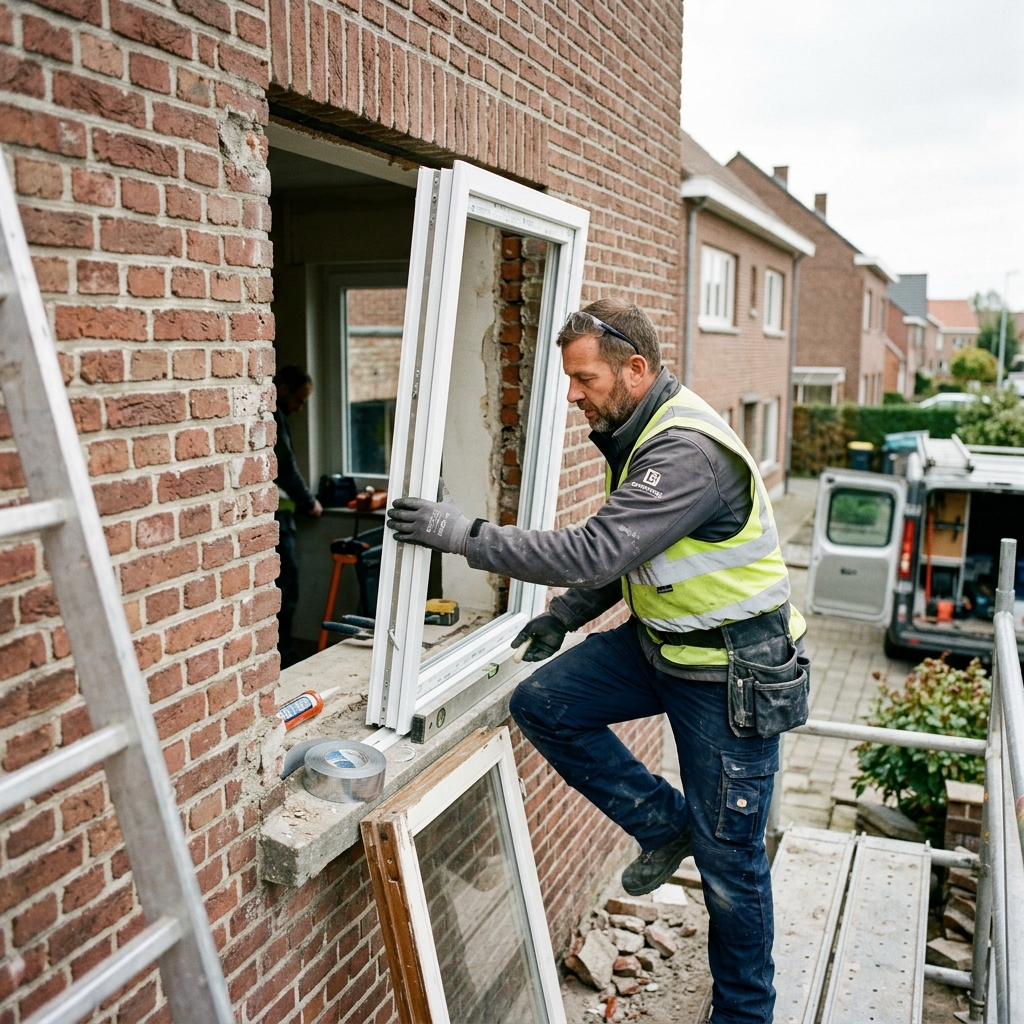 Menuisier professionnel installant un châssis PVC sur une maison belge en brique